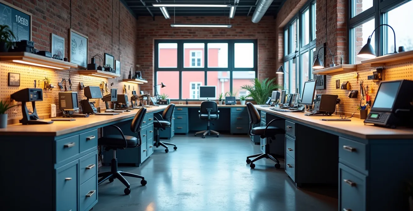 Vue d'ensemble d'un atelier de réparation professionnel avec établi organisé