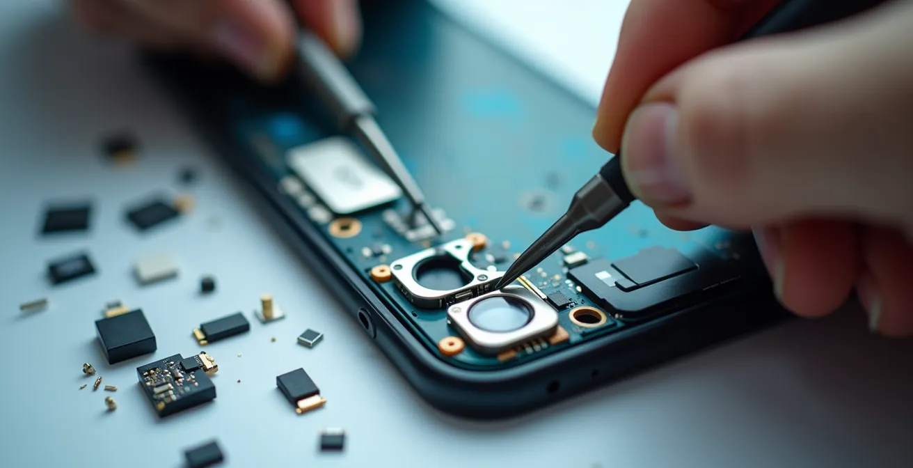 Mains expertes examinant un smartphone avec outils de diagnostic professionnels