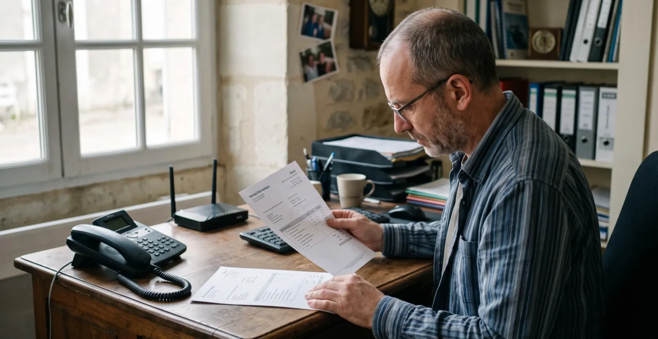 Un dirigeant compare deux devis de services téléphoniques à son bureau.