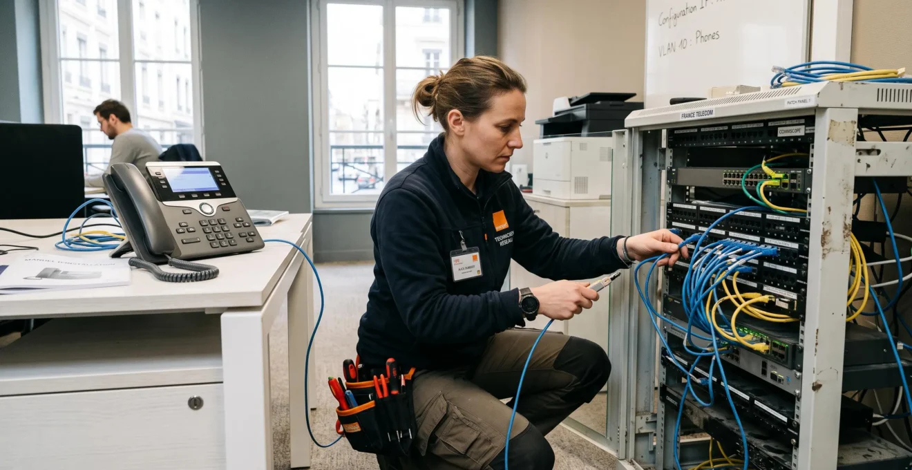 Un technicien connecte des câbles téléphoniques dans un local technique d'entreprise.