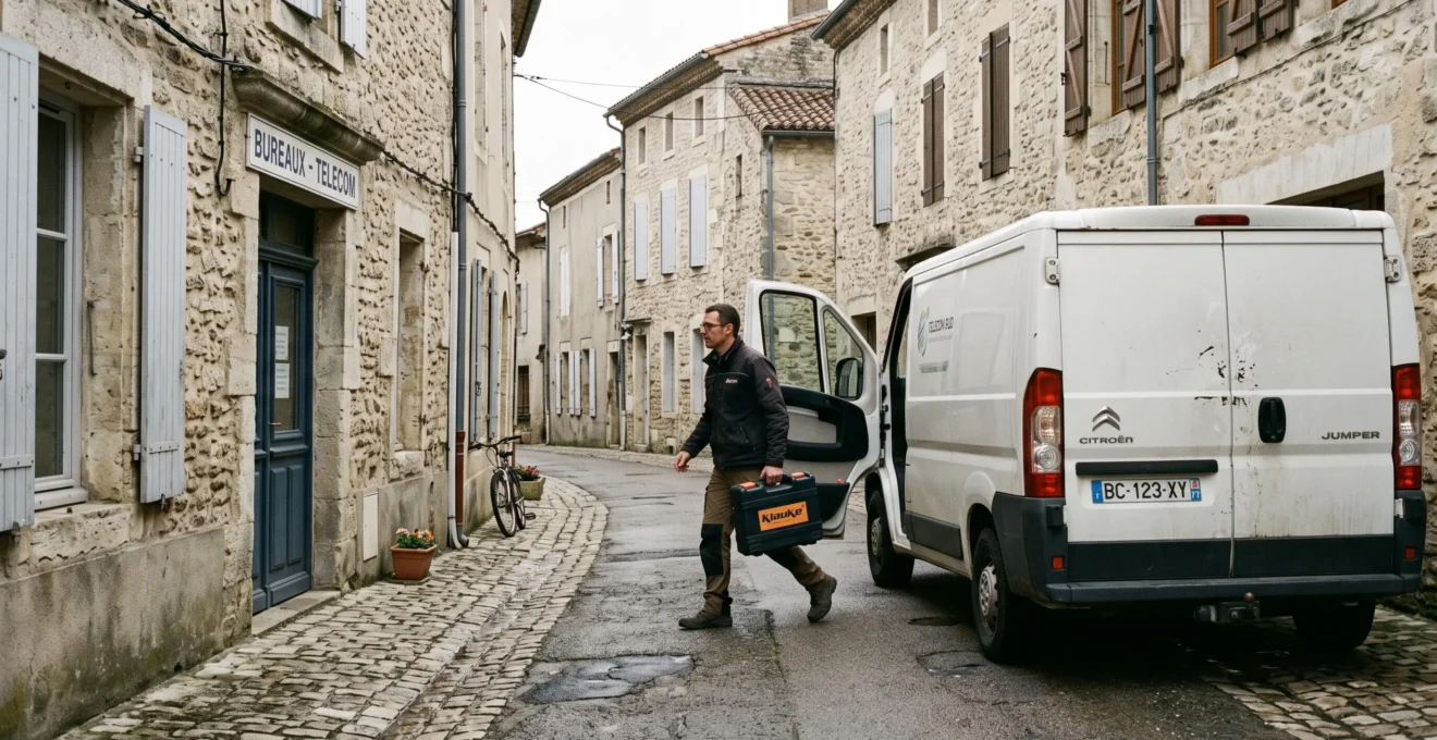 Un technicien sort de sa camionnette devant un immeuble de bureau.